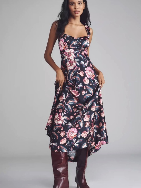 Maeve Dresses & Skirts - NWT Maeve Floral Satin Midi Dress with Pink Bouquet Print Anthropologie